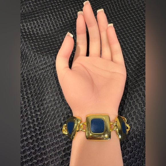 Vintage Gold-Tone Blue Enamel Geometric Bracelet - Picture 6 of 9